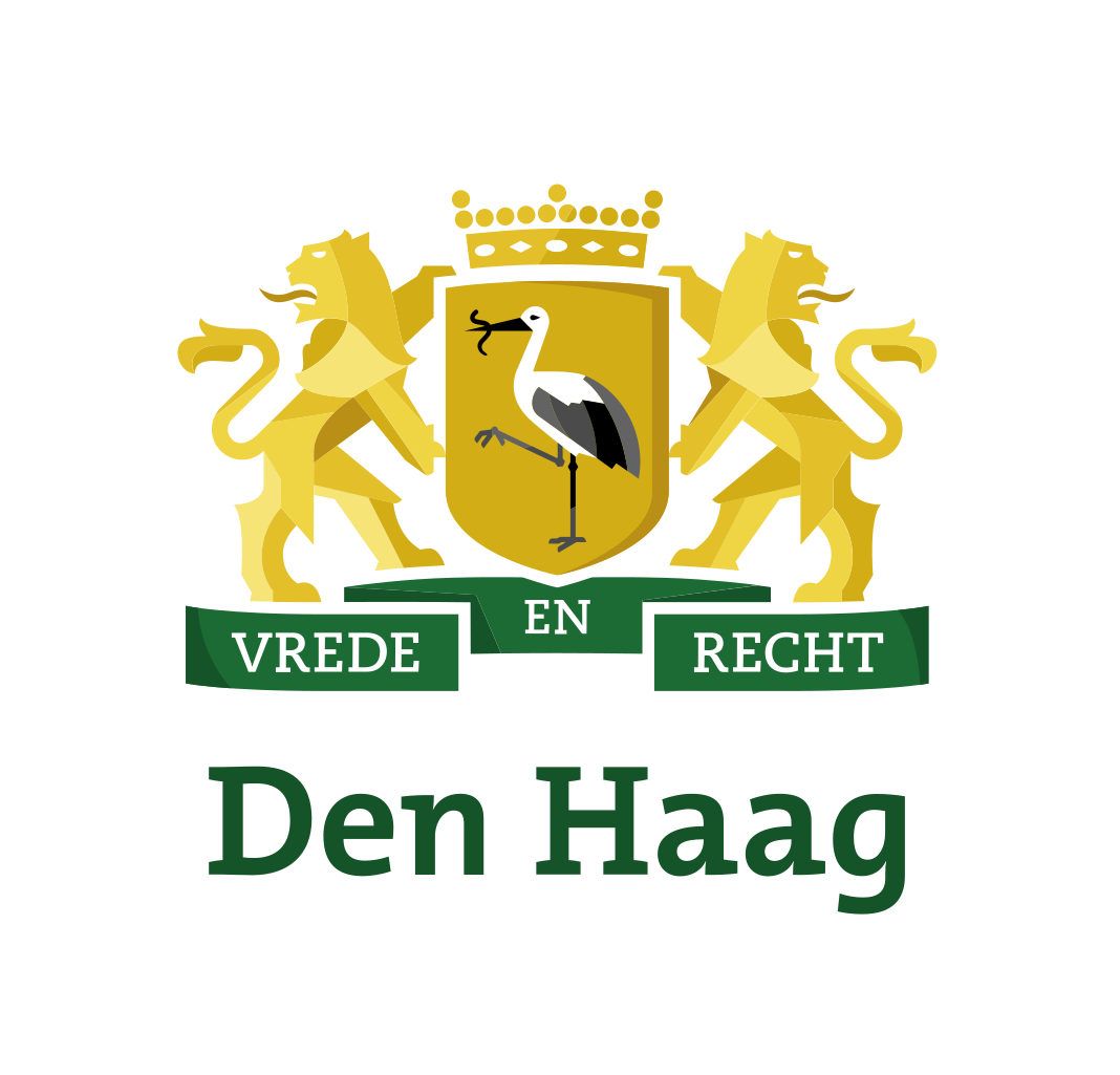Den Haag logo featuring a shield with a stork and lions on either side, with the words "Vrede En Recht" below the shield.