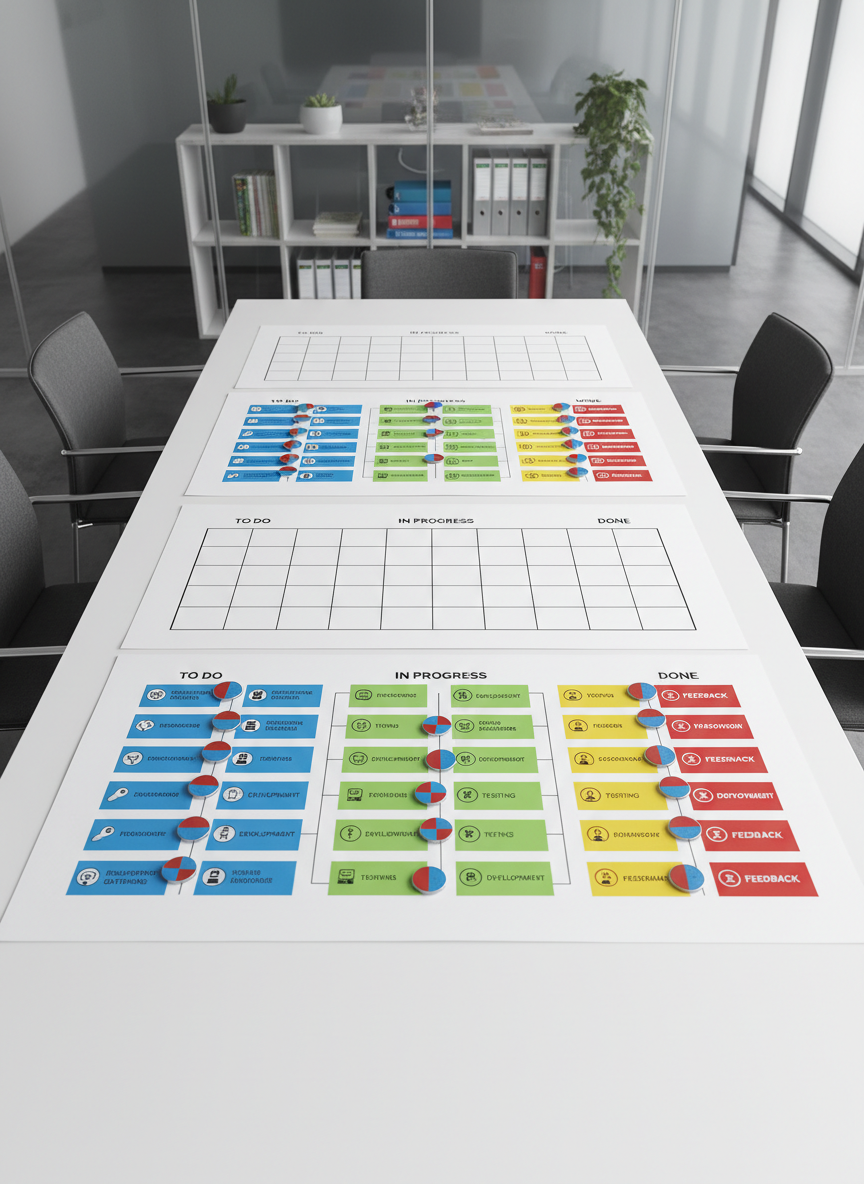 An overhead view of a long white conference table covered with a meticulously arranged Lean process layout: color-coded process cards, kanban-style columns printed on large sheets, and small magnetic tokens indicating workflow stages. The table sits in a bright, modern meeting room with glass walls and a blurred hint of office shelving in the background. Soft overcast daylight floods the space, giving even, shadow-free illumination that emphasizes clarity and structure. Photographic realism with a top-down, bird’s-eye composition highlights every element crisply, creating a structured grid-like feel. The overall mood is analytical yet calm, suggesting focus, continuous improvement, and disciplined teamwork without any human presence.