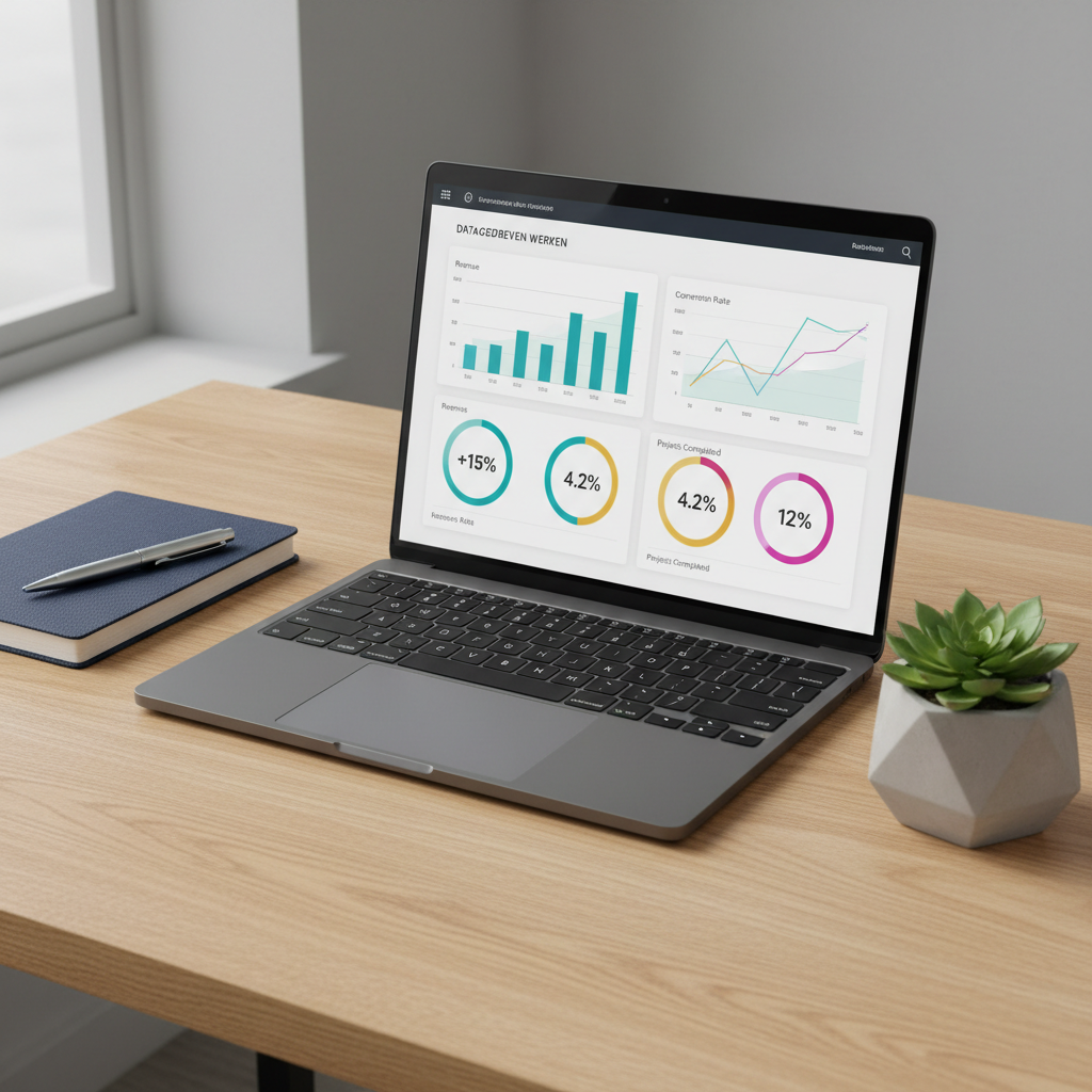 A sleek, dark grey laptop opened on a tidy oak desk, its screen showing a clean, colorful dashboard of analytics and performance metrics with clear graphs and KPIs, representing datagedreven werken. Surrounding the laptop are a closed notebook with a textured navy cover, a precision metal pen, and a small geometric concrete planter with a green plant, all carefully aligned. Natural, diffused daylight from an unseen window illuminates the scene, creating soft highlights on the laptop edges and mild shadows under the objects. Captured from a slightly elevated angle in photographic realism, with sharp focus across the frame, the composition follows a rule-of-thirds layout to evoke professionalism, overview, and modern efficiency.