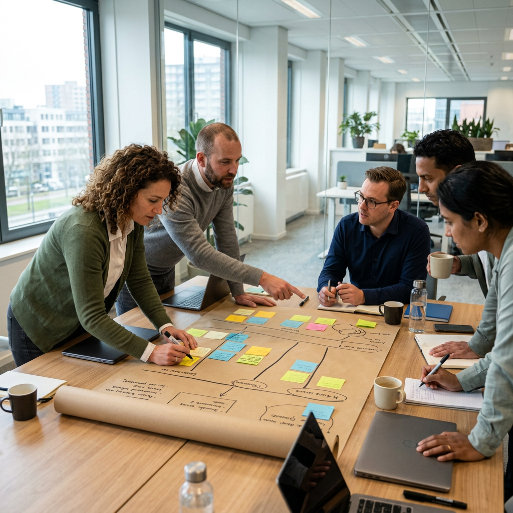 Five coworkers collaborate around a table covered with notes and diagrams